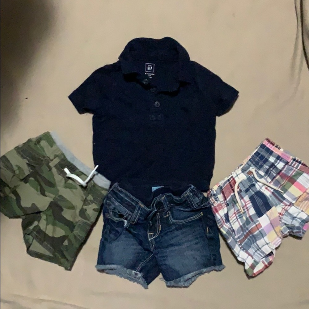 Baby clothes all the shorts:  0-3mo, shirt:  3-6mo